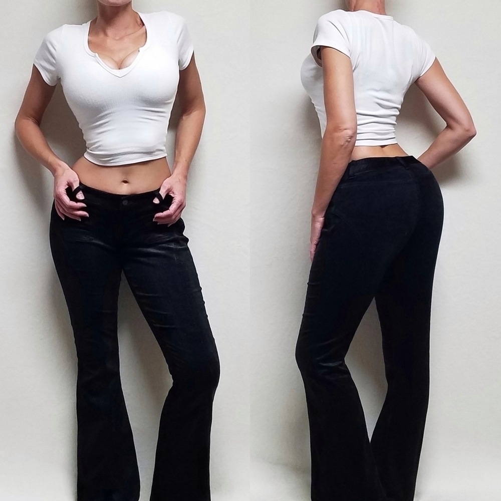 90s Vintage Express Goth Stretchy Black Velvet Corduroy Low Rise Flared Jeans 4